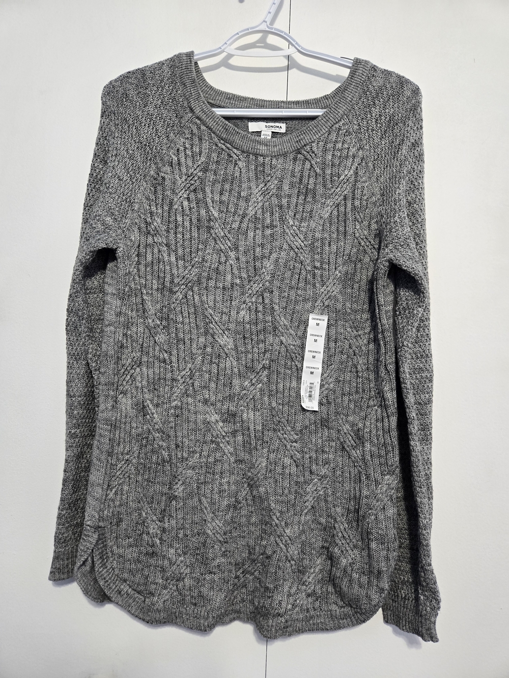 NWT Sonoma Gray Cable Knit Crewneck Sweater Medium Soft Cozy Pullover
